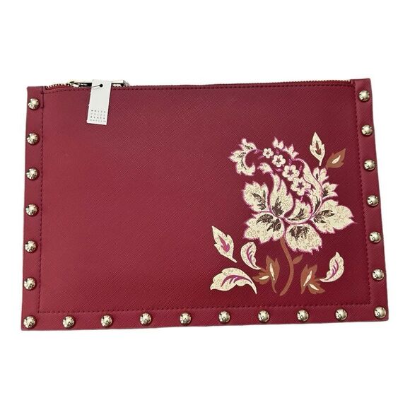 White House Black Market WHBM Floral Studded Wristlet Clutch Burgundy - Picture 2 of 6